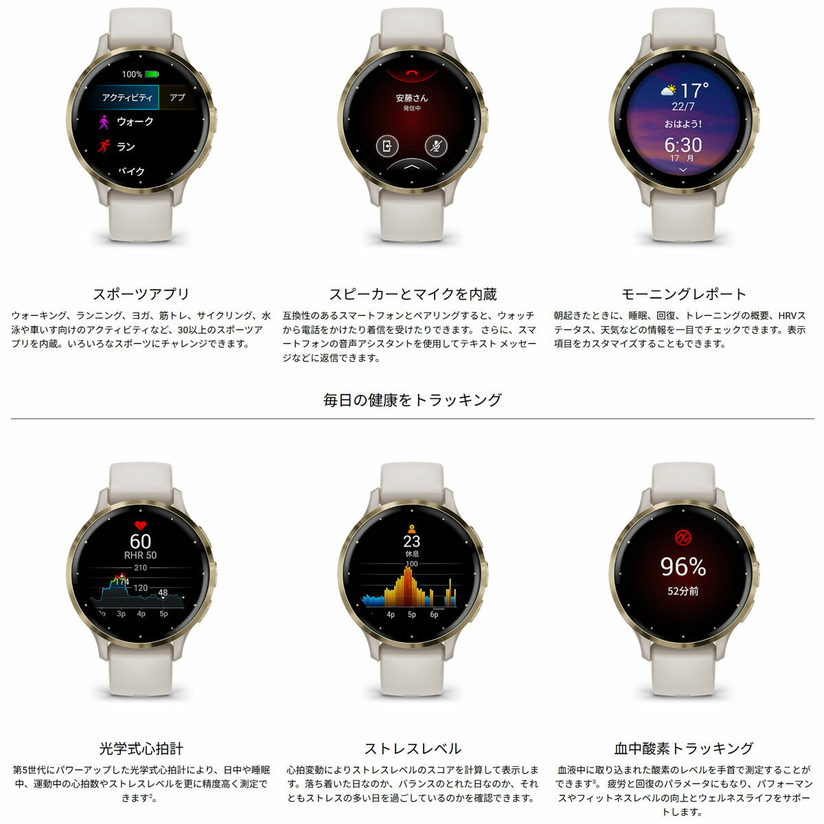 ガーミン GARMIN Venu 3S ヴェニュー 3S GPS スマートウォッチ ライフログ フィットネス 腕時計 レディース 010-02785-42 French Gray/Cream Gold