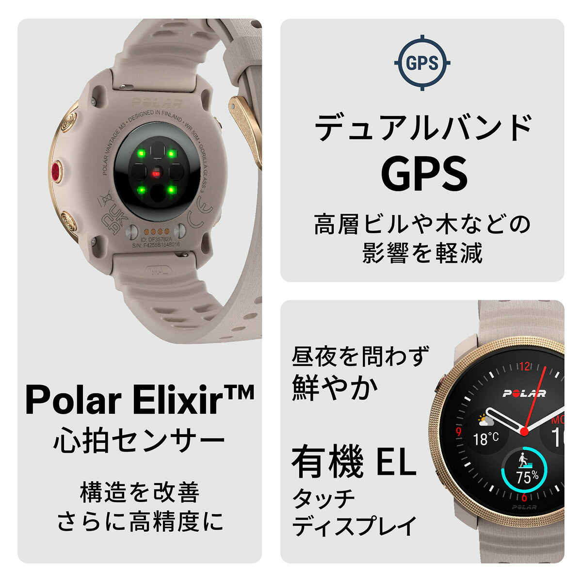 ポラール POLAR Vantage M3 ヴァンテ―ジエムスリー スマートウォッチ GPS マルチスポーツウォッチ 心拍計 ランニング 腕時計 ゴールド グレージュ S-L 900112399