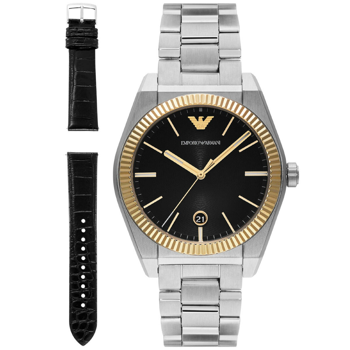 エンポリオアルマーニ EMPORIO ARMANI 腕時計 メンズ 三針デイト ステンレススチールウォッチ&レザーストラップセット AR80077SET【2025 新作】