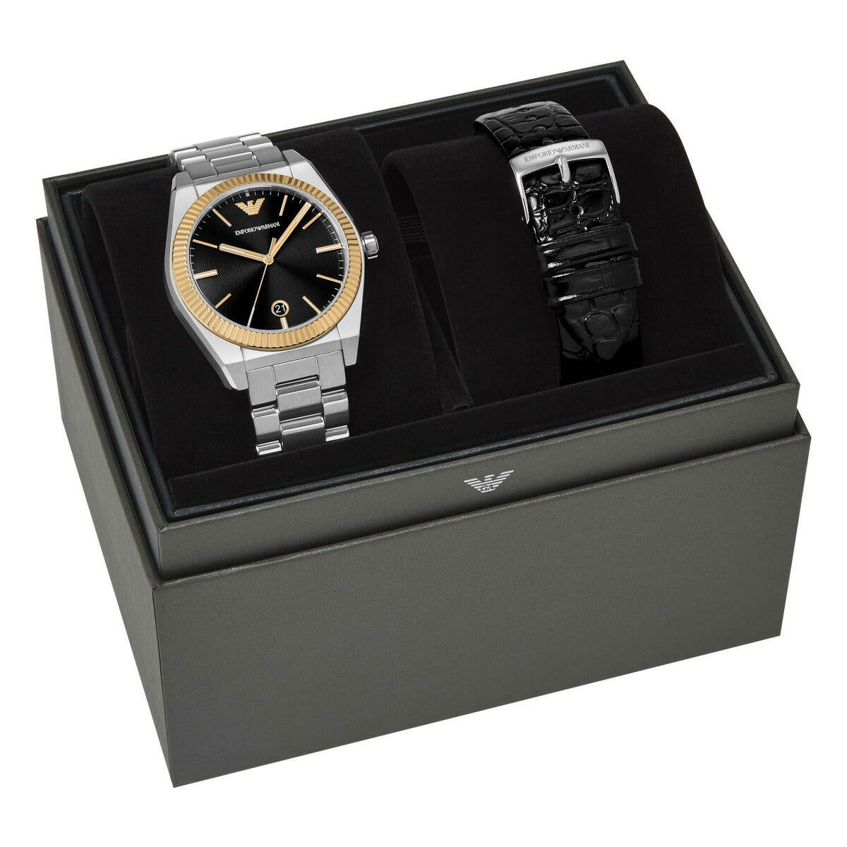 エンポリオアルマーニ EMPORIO ARMANI 腕時計 メンズ 三針デイト ステンレススチールウォッチ&レザーストラップセット AR80077SET【2025 新作】