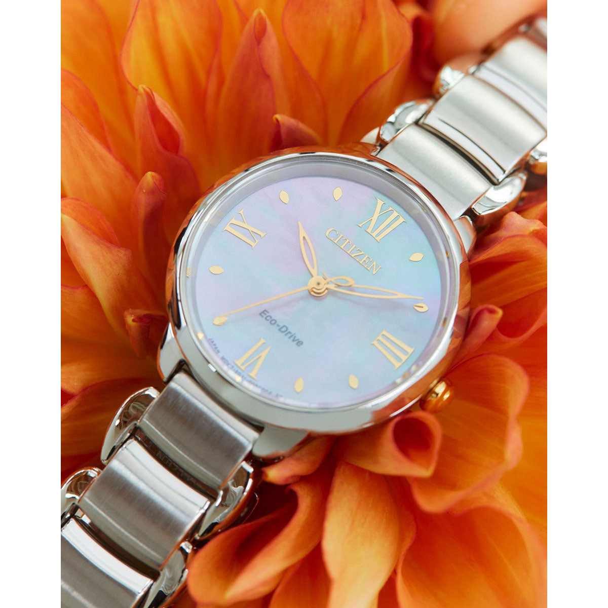 シチズン エル CITIZEN L エコドライブ 腕時計 レディース EM0927-87Y 白蝶貝文字板 ROUND Collection ピンク色のダリアの花言葉 「気品」