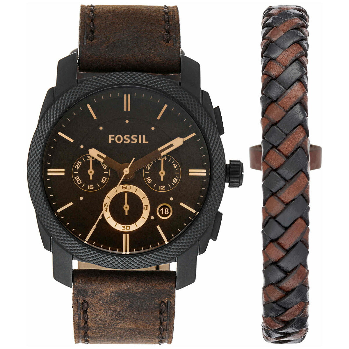 フォッシル FOSSIL 腕時計 メンズ MACHINE クロノグラフ ダークブラウンレザーウォッチ ブレスレットボックスセット FS5251SET