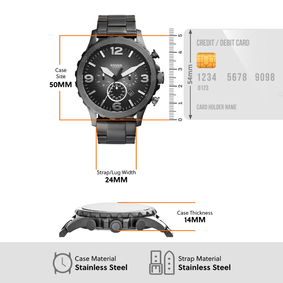 フォッシル FOSSIL 腕時計 メンズ NATE クロノグラフ スモーク ステンレススチールウォッチ JR1437