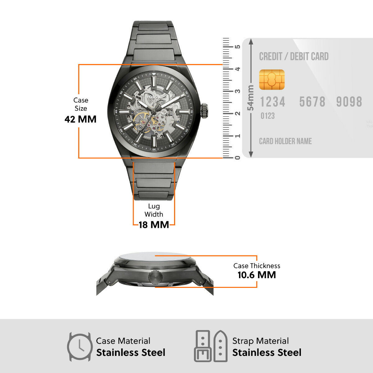 フォッシル FOSSIL 腕時計 メンズ 自動巻き EVERETT オートマティック スモーク ステンレススチールウォッチ ME3206