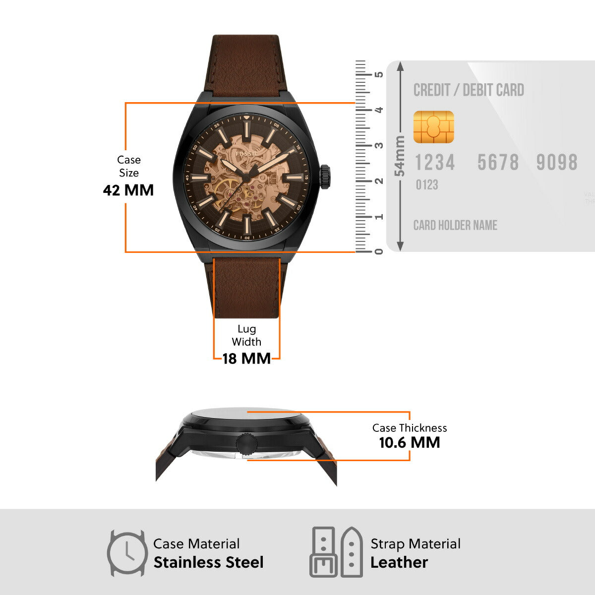 フォッシル FOSSIL 腕時計 メンズ 自動巻き EVERETT オートマティック ダークブラウン LiteHideレザーウォッチ ME3207