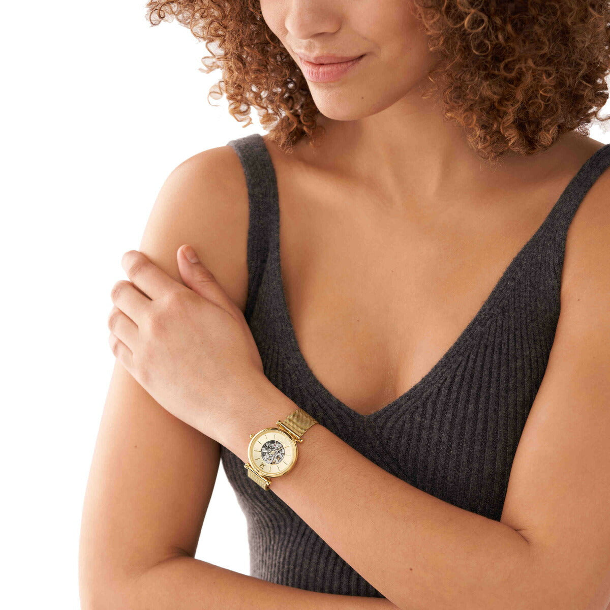 フォッシル FOSSIL 腕時計 レディース 自動巻き CARLIE オートマティック ゴールドトーン ステンレススチールウォッチ メッシュウォッチ ME3250