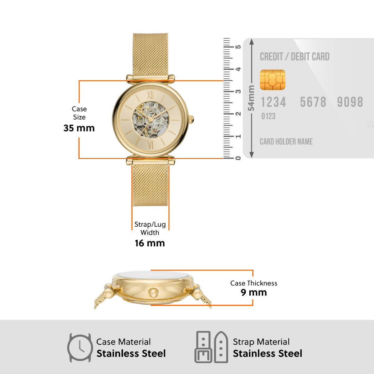 フォッシル FOSSIL 腕時計 レディース 自動巻き CARLIE オートマティック ゴールドトーン ステンレススチールウォッチ メッシュウォッチ ME3250