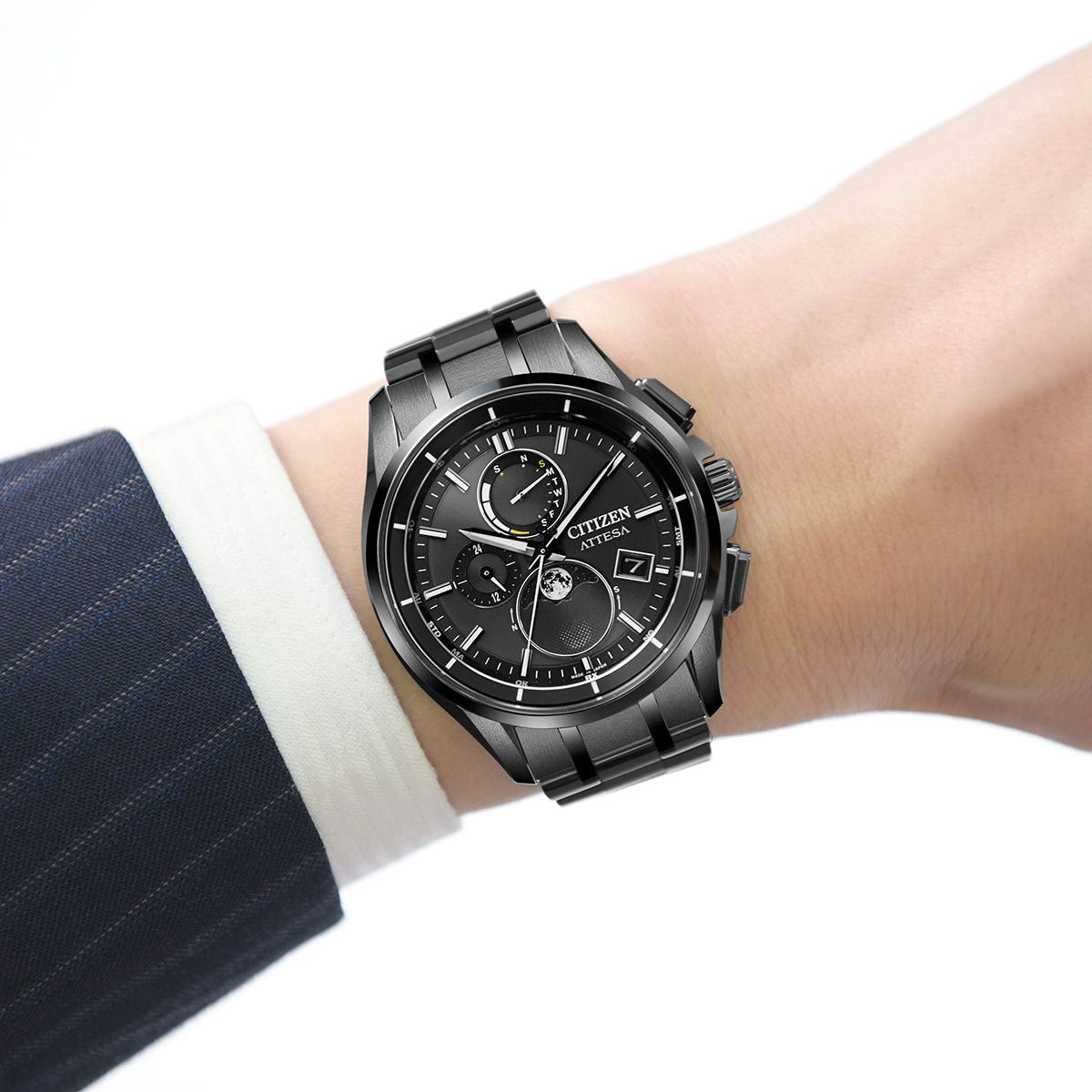 シチズン アテッサ CITIZEN ATTESA エコドライブ 電波時計 腕時計 ダイレクトフライト ムーンフェイズ BY1006-62E 月齢自動計算機能 ルナプログラム 搭載 Black Titanium