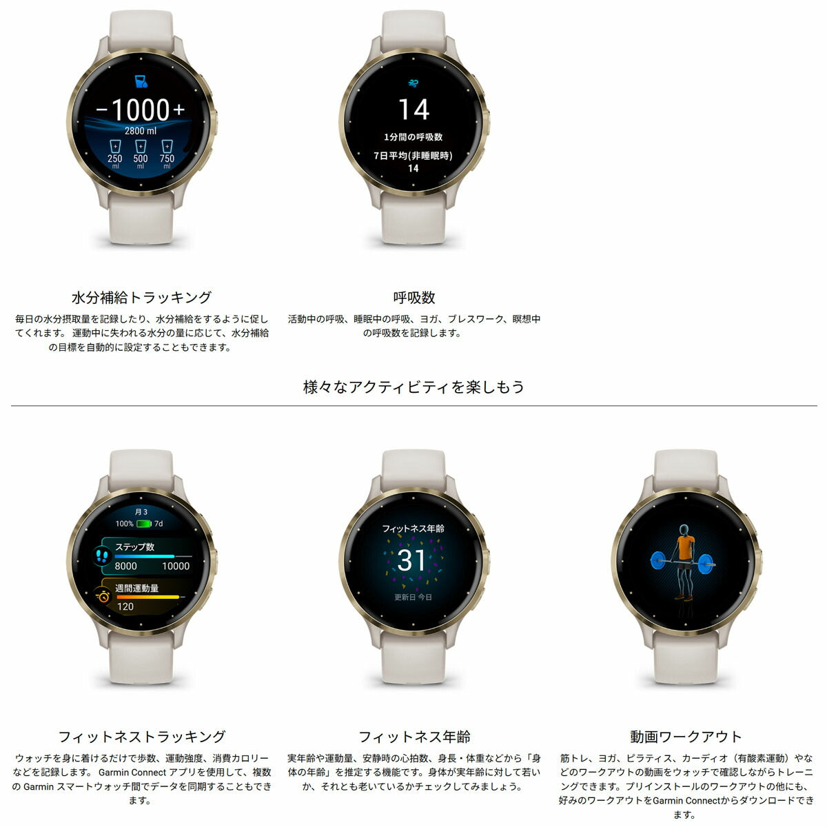 ガーミン GARMIN Venu 3S ヴェニュー 3S GPS スマートウォッチ ライフログ フィットネス 腕時計 レディース 010-02785-42 French Gray/Cream Gold