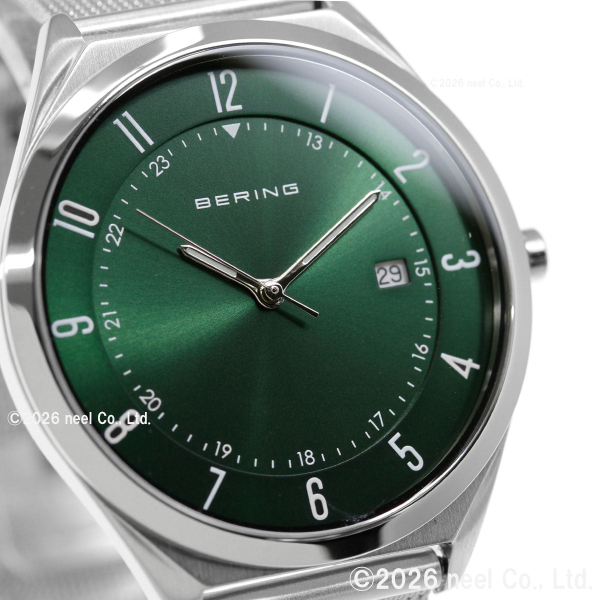 ベーリング BERING 腕時計 メンズ レディース ウルトラスリム メッシュベルト グリーン×シルバー Mens Unisex Ultra Slim 18738-008【2026 新作】