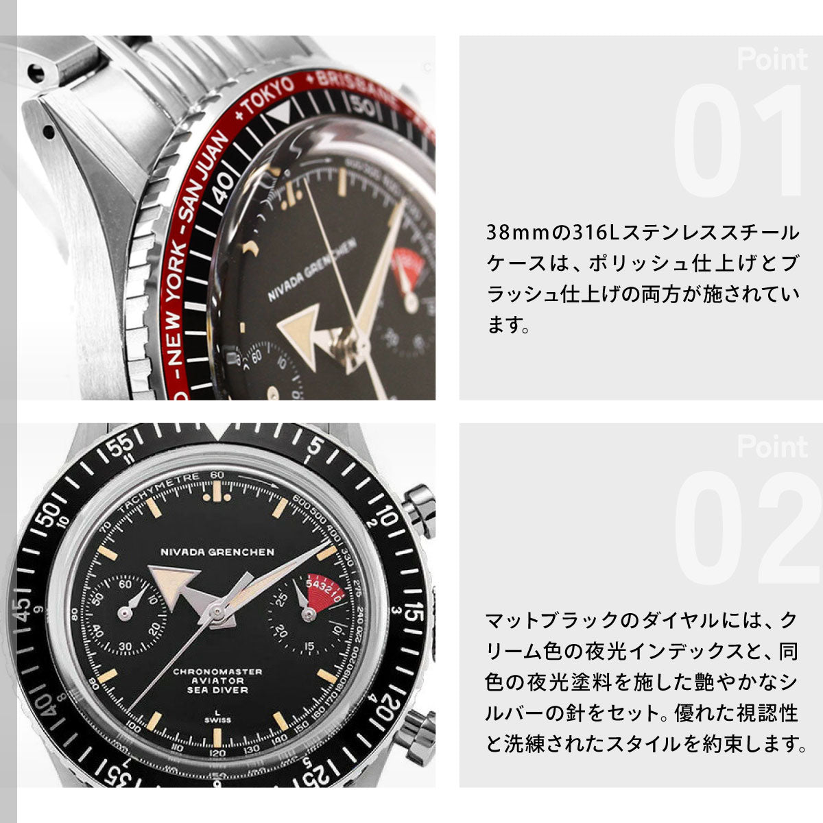 ニバダ グレンヒェン NIVADA GRENCHEN クロノマスター ブロードアロー ブラック 5カラーベゼルセット マニュアル ライスブレスレット 86056M04LC 腕時計 手巻き【60回分割手数料無料！】