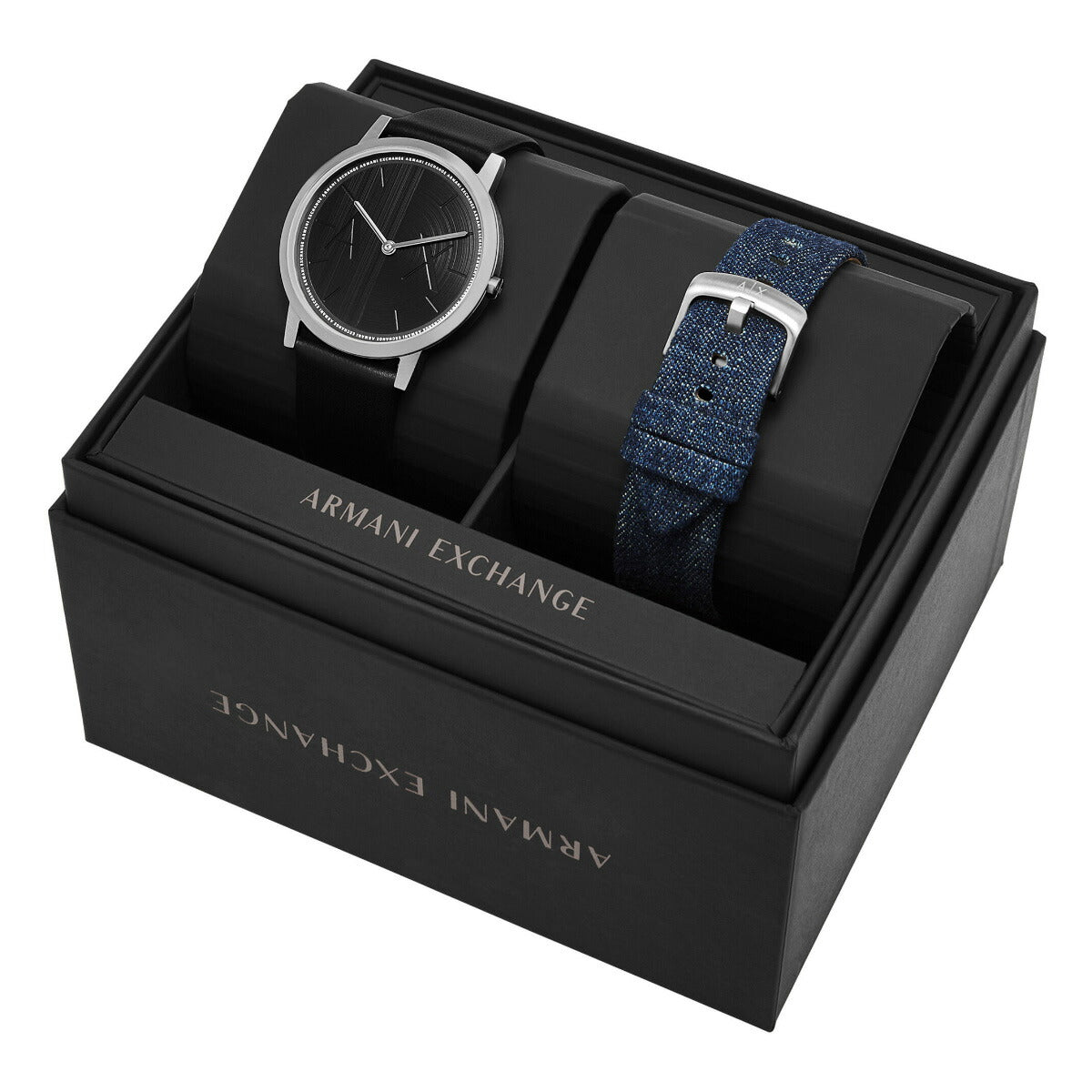 A|X アルマーニ エクスチェンジ ARMANI EXCHANGE 腕時計 メンズ 2針ウォッチ ブラックレザー＆デニムストラップセット AX7168SET【2025 新作】