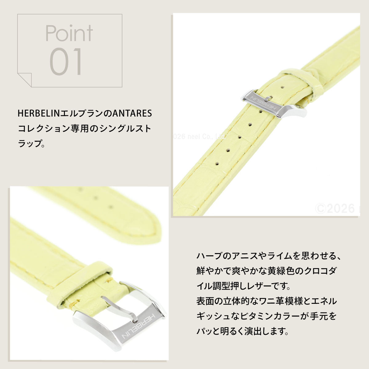 エルブラン HERBELIN アンタレス ANTARES 専用 替えバンド ベルト レディース BRAC17048A103 シングル ストラップ シルバー ANIS クロコ型押し ライムグリーン