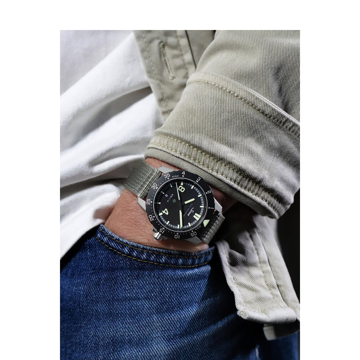 Sinn ジン EZM19 自動巻き 腕時計 メンズ Mission Timers EZM ミッションタイマー テキスタイルストラップ オリーブグレー ドイツ製