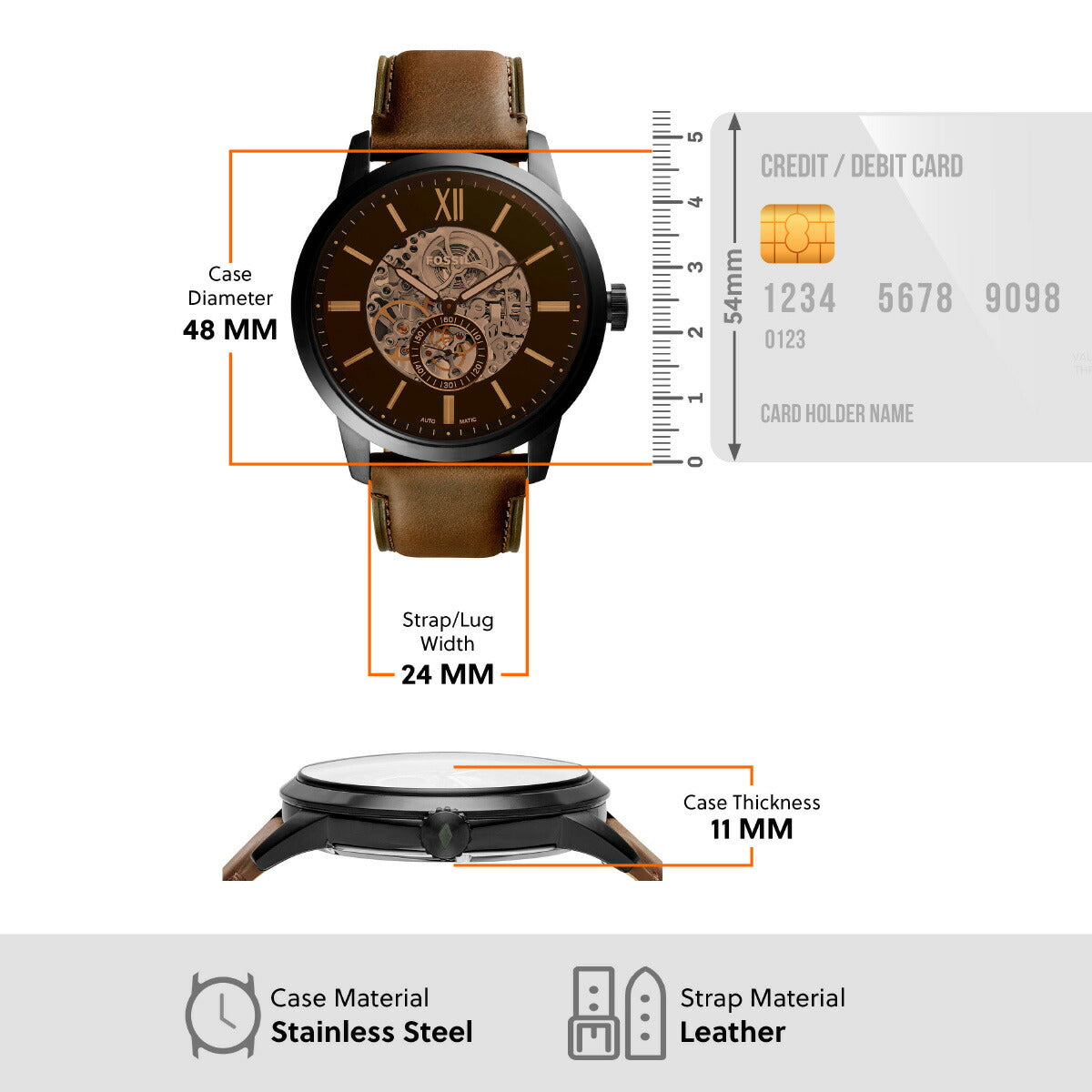 フォッシル FOSSIL 腕時計 メンズ 自動巻き TOWNSMAN 48mm ブラウンレザーウォッチ ME3155