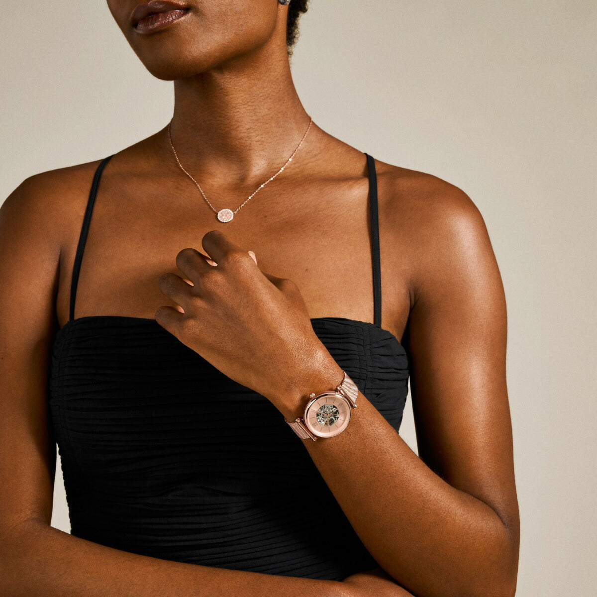 フォッシル FOSSIL 腕時計 レディース 自動巻き CARLIE オートマティック ローズゴールドトーン ステンレススチールメッシュウォッチ ME3175