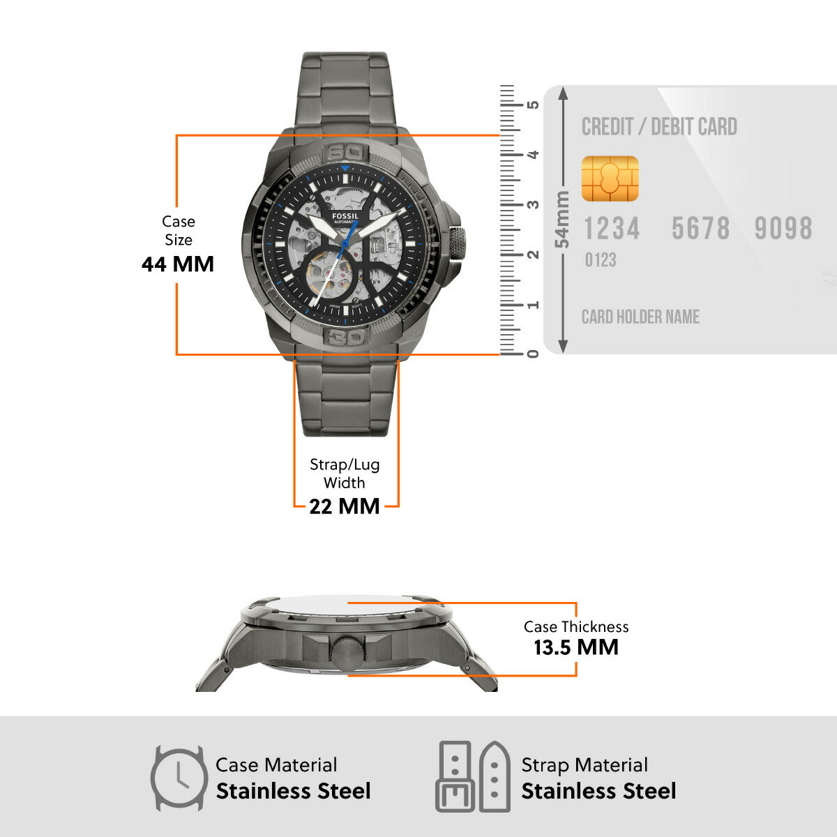 フォッシル FOSSIL 腕時計 メンズ 自動巻き BRONSON オートマティック スモーク ステンレススチールウォッチ ME3218