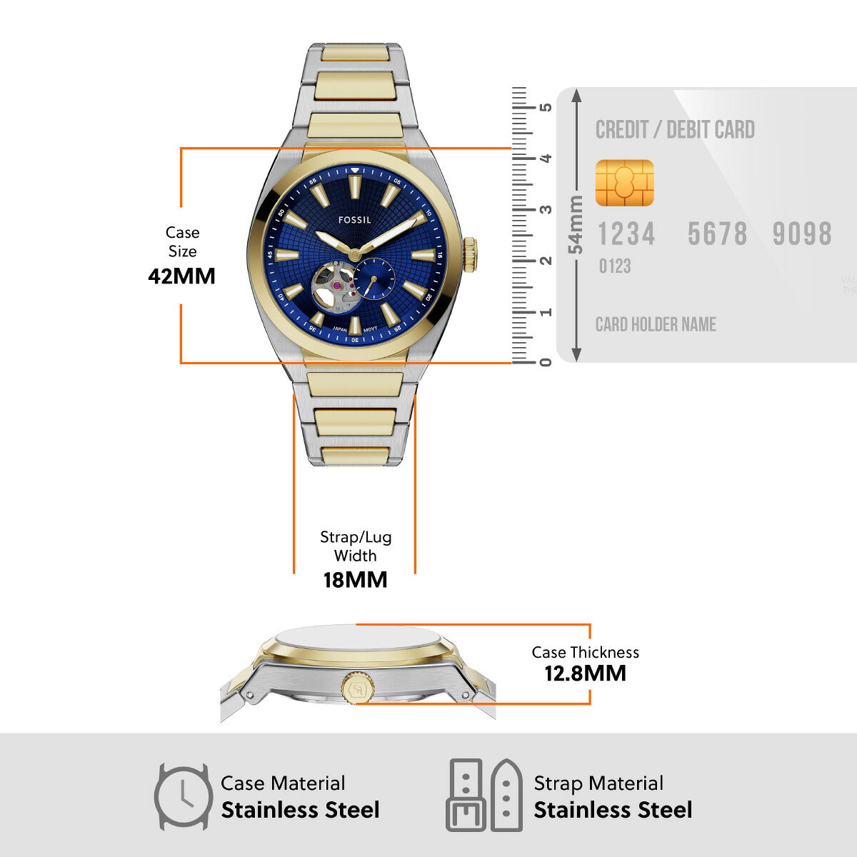 フォッシル FOSSIL 腕時計 自動巻き メンズ EVERETT オートマティック ツートーン ステンレススチールウォッチ ME3275【2025 新作】