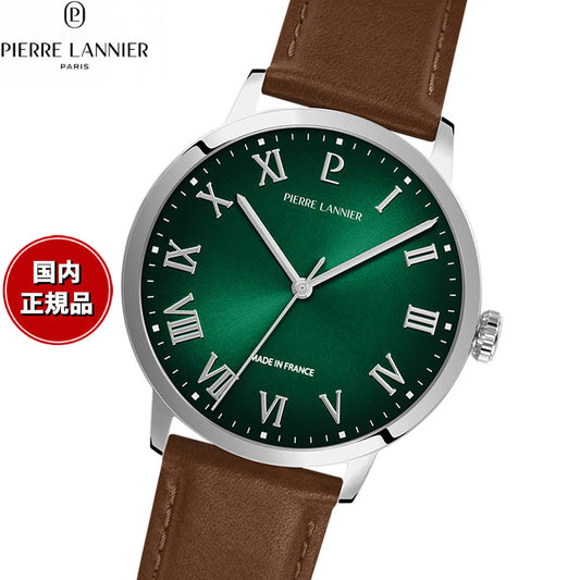 ピエールラニエ PIERRE LANNIER メンズ 腕時計 クオーツ インターバル INTERVAL 40mm P255G174 ラウンド 革ベルト シルバー グリーン