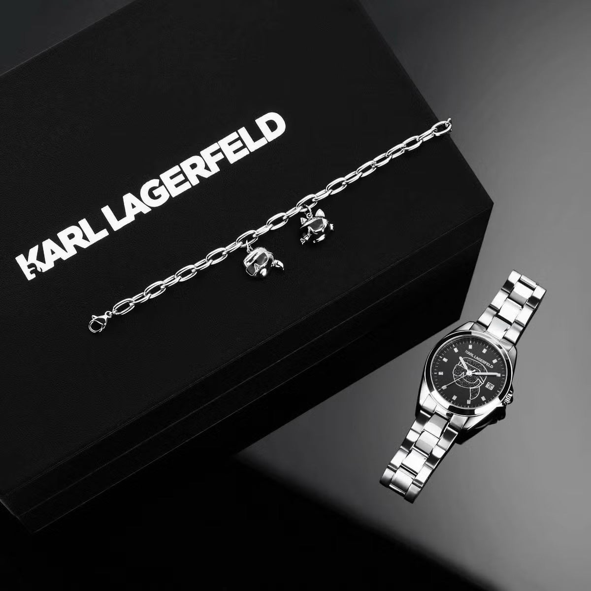 カール ラガーフェルド KARL LAGERFELD 腕時計 メンズ レディース ラウンド エッセンシャル ROUND ESSENTIALS スペシャル ボックス ブラック クリスタル ダイヤモンドダスト アイコン ダイヤル シルバー ブレスレット カール＋シュペット チャーム ブレスレット R0553101516【60回分割手数料無料！】