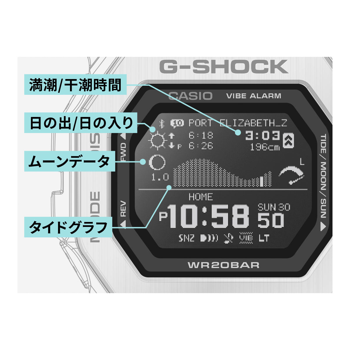 G-SHOCK カシオ G-LIDE Gショック Gライド デジタル 腕時計 メンズ CASIO GBX-100TT-8JF タイムトラベル サーフィン イメージ